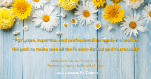 Testimonial for mortgage professional Pat Cannone in , : "Pat's care, expertise, and professionalism made it a walk in the park to make sure all the i's were dotted and t's crossed!"