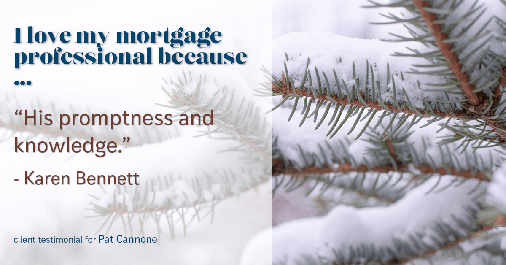 Testimonial for mortgage professional Pat Cannone in Northbrook, IL: Love My MP: "His promptness and knowledge." - Karen Bennett