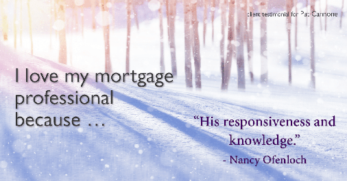 Testimonial for mortgage professional Pat Cannone in Northbrook, IL: Love My MP: "His responsiveness and knowledge." - Nancy Ofenloch