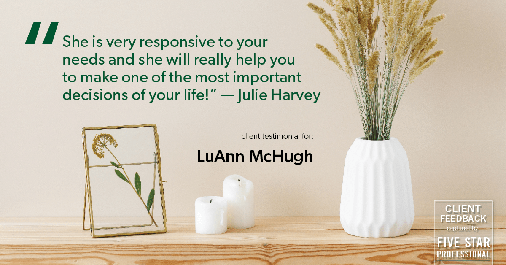 Testimonial for real estate agent LuAnn McHugh with McHugh Realty Services in Coatesville, PA: "She is very responsive to your needs and she will really help you to make one of the most important decisions of your life!" — Julie Harvey