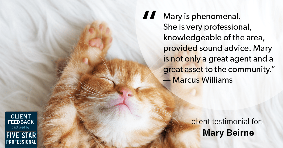 Testimonial for real estate agent Mary Beirne with Dream Town Realty in , : "Mary is phenomenal. She is very professional, knowledgeable of the area, provided sound advice. Mary is not only a great agent and a great asset to the community." — Marcus Williams