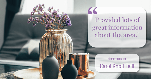 Testimonial for real estate agent Carol Knott Tefft with RE/MAX Integrity in Tomball, TX: "Provided lots of great information about the area."