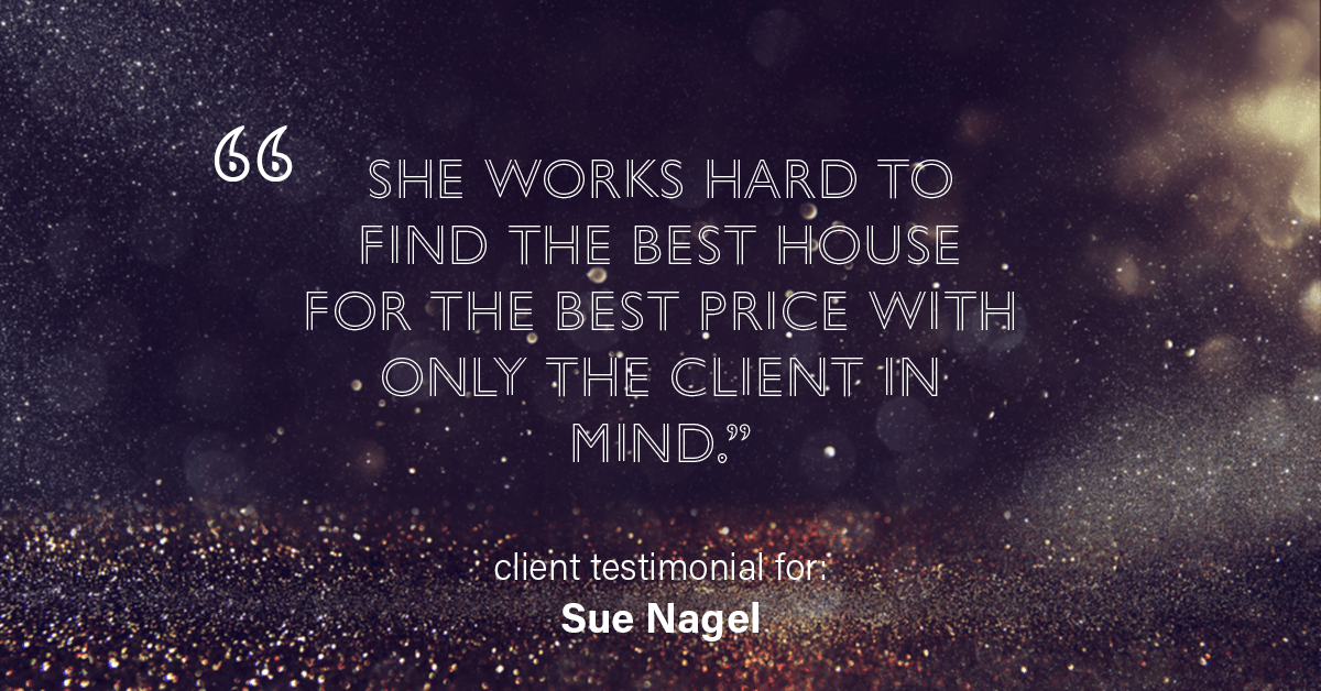 Testimonial for real estate agent Sue Nagel with LW Reedy Real Estate in Elmhurst, IL: "She works hard to find the best house for the best price with only the client in mind."