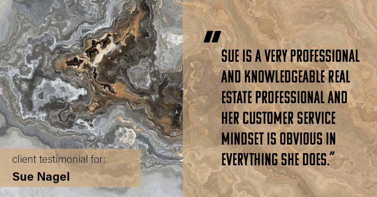 Testimonial for real estate agent Sue Nagel with LW Reedy Real Estate in Elmhurst, IL: "Sue is a very professional and knowledgeable real estate professional and her customer service mindset is obvious in everything she does."