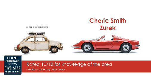 Testimonial for real estate agent Cherie Smith Zurek with RE/MAX in Lake Zurich, IL: Happiness Meters: Cars (new) (knowledge of the area - John Geske)