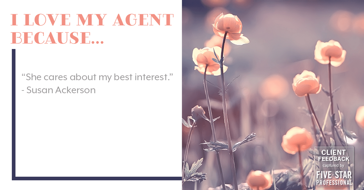 Testimonial for real estate agent Cherie Smith Zurek with RE/MAX in Lake Zurich, IL: Love My Agent: "She cares about my best interest." - Susan Ackerson