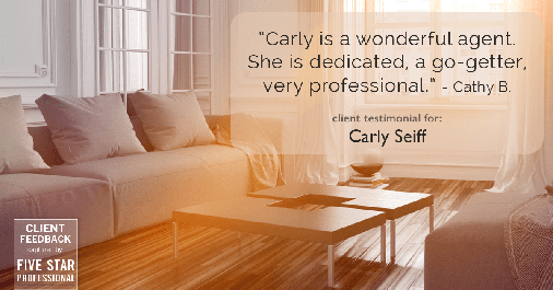 Testimonial for real estate agent Carly Seiff in Burlingame, CA: "Carly is a wonderful agent.  She is dedicated, a go-getter, very professional." - Cathy B.