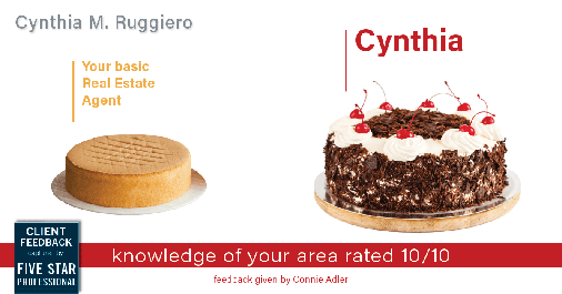 Testimonial for real estate agent Cynthia Ruggiero (Cindy Field) in , : Happiness Meters: Cake (knowledge of your area)