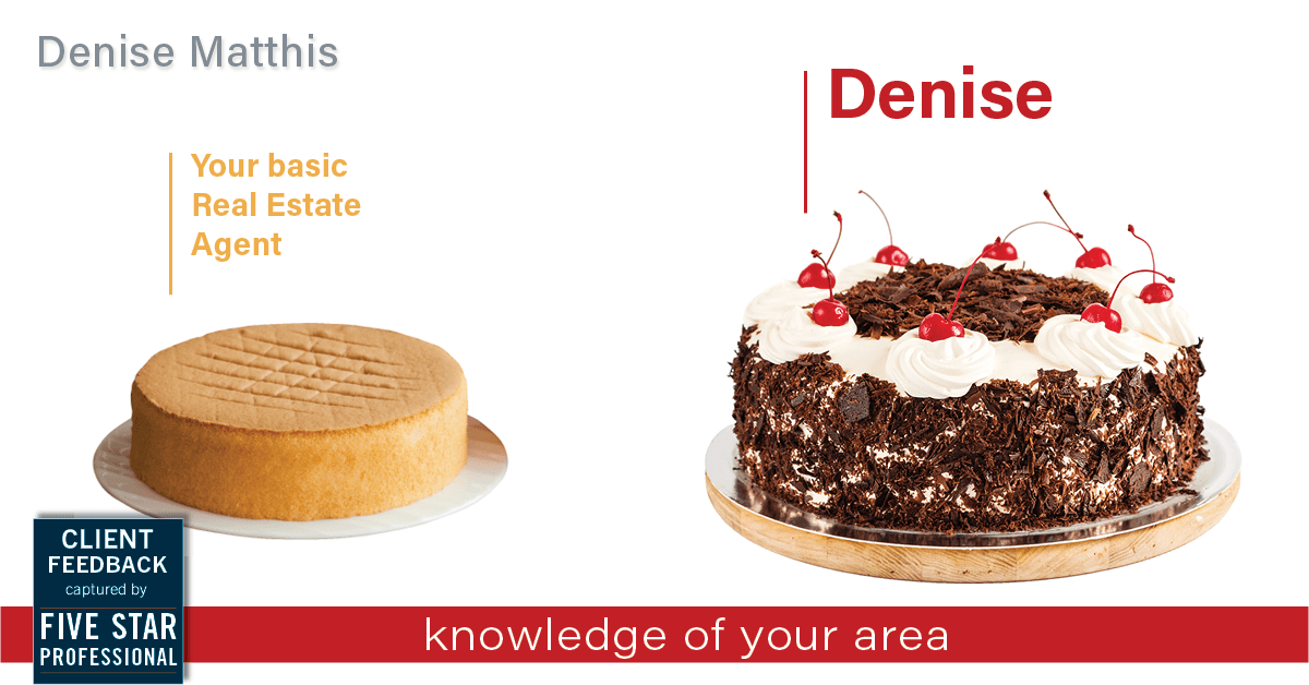 Testimonial for real estate agent Denise Matthis with DEM Financial Services & Real Estate in , : Happiness Meters: Cake (knowledge of your area)