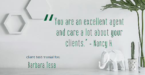 Testimonial for real estate agent BARBARA TESA with Better Homes and Gardens Real Estate GREEN TEAM in Vernon, NJ: "You are an excellent agent and care a lot about your clients." - Nancy H.