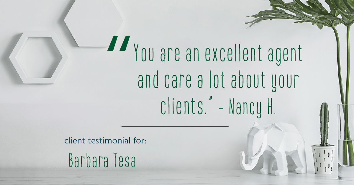 Testimonial for real estate agent BARBARA TESA with Better Homes and Gardens Real Estate GREEN TEAM in Vernon, NJ: "You are an excellent agent and care a lot about your clients." - Nancy H.