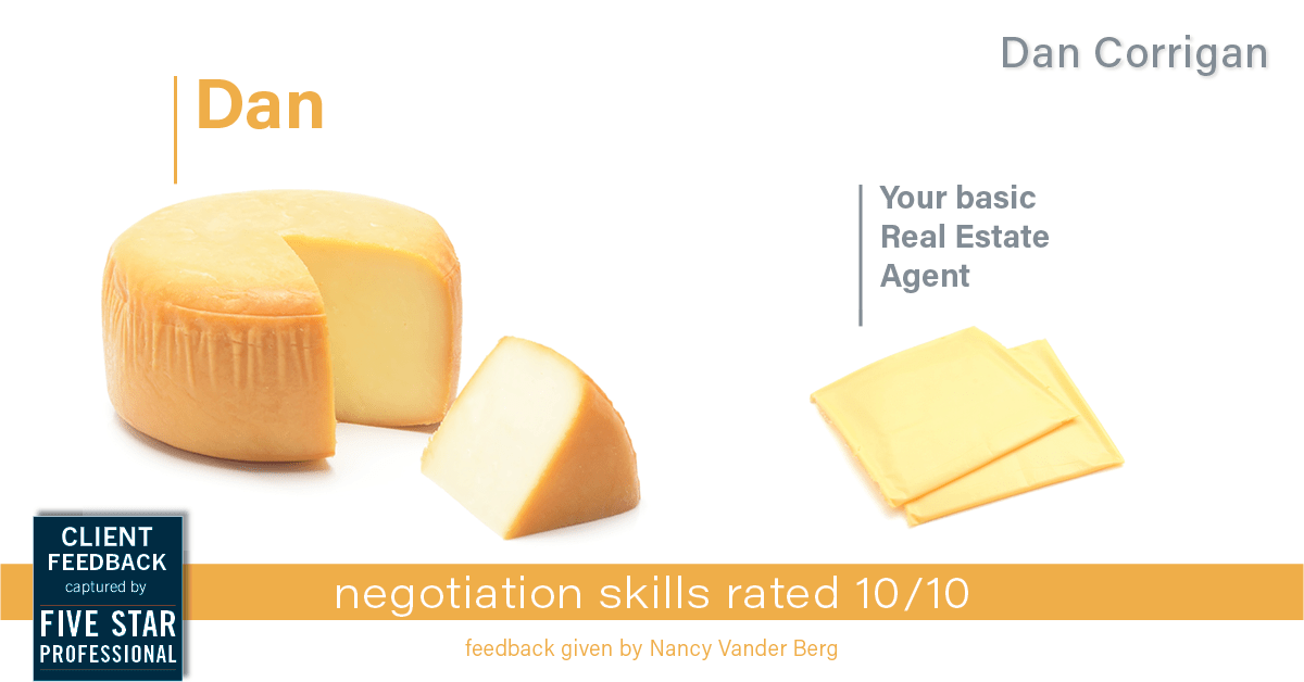 Testimonial for real estate agent DAN Corrigan with RE/MAX Platinum Group in Sparta, NJ: Happiness Meters: Cheese (negotiation skills)