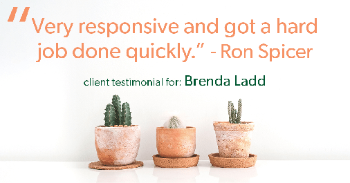 Testimonial for real estate agent Brenda Ladd with Coldwell Banker Realty-Gunndaker in St Louis, MO: "Very responsive and got a hard job done quickly." - Ron Spicer