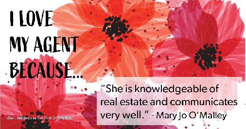 Testimonial for real estate agent Sue Schreiber in , : Love My Agent: "She is knowledgeable of real estate and communicates very well." - Mary Jo O'Malley