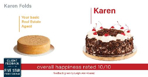 Testimonial for real estate agent Karen Folds with Sam Folds Realtors in Jacksonville, FL: Happiness Meters: cake (overall happiness)
