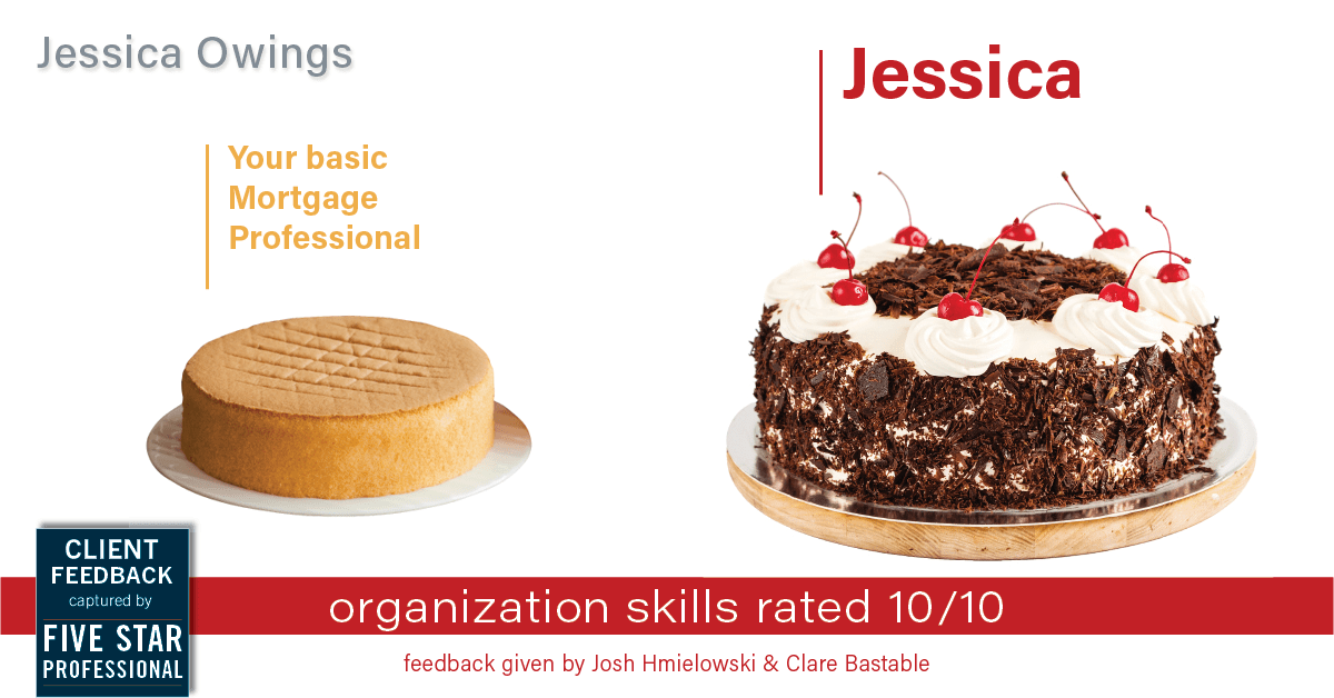 Testimonial for professional Jessica Owings with The Mortgage Network in Carbondale, CO: Happiness Meters: Cake (organization skills - Josh Hmielowski & Clare Bastable)