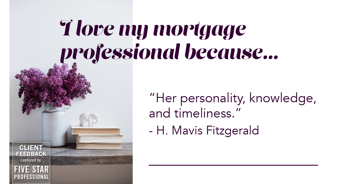 Testimonial for professional Jessica Owings with The Mortgage Network in Carbondale, CO: Love My MP: "Her personality, knowledge, and timeliness." - H. Mavis Fitzgerald