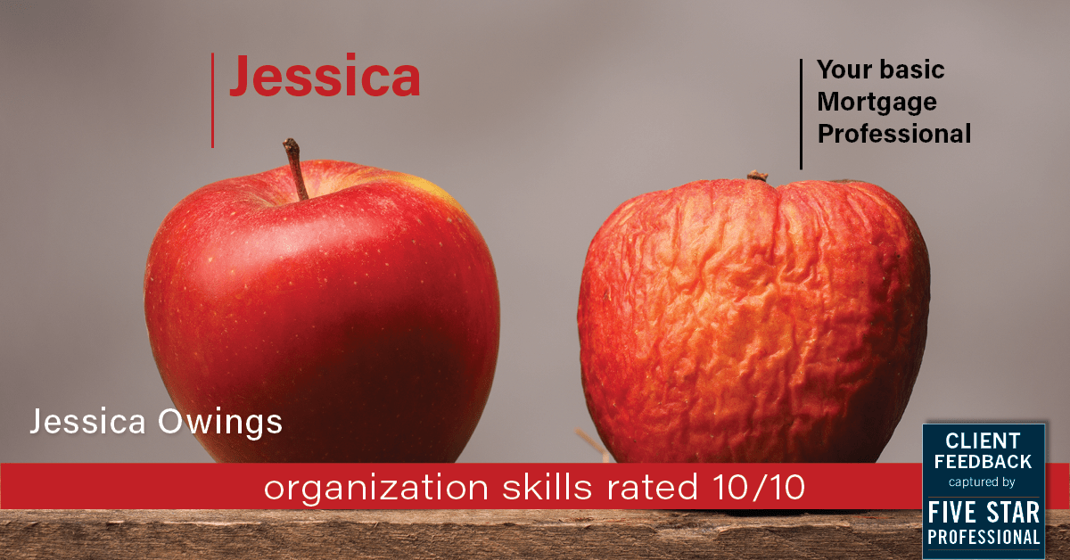 Testimonial for professional Jessica Owings with The Mortgage Network in Carbondale, CO: Happiness Meters: Apple (organization skills)