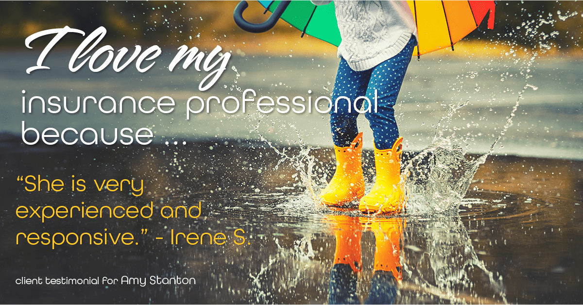 Testimonial for insurance professional Amy Stanton with Stanton Insurance in , : Love My HA: "She is very experienced and responsive." - Irene S.