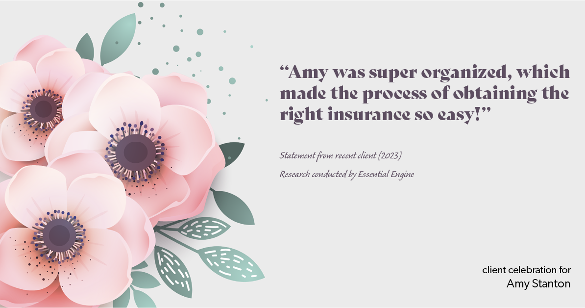 Testimonial for insurance professional Amy Stanton with Stanton Insurance in , : "Amy was super organized, which made the process of obtaining the right insurance so easy!"