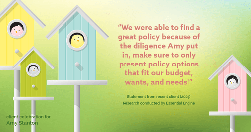Testimonial for insurance professional Amy Stanton with Stanton Insurance in , : "We were able to find a great policy because of the diligence Amy put in, make sure to only present policy options that fit our budget, wants, and needs!"
