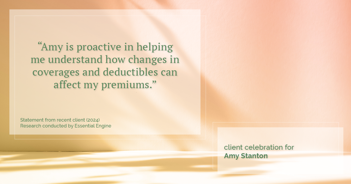 Testimonial for insurance professional Amy Stanton with Stanton Insurance in , : "Amy is proactive in helping me understand how changes in coverages and deductibles can affect my premiums."