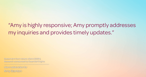 Testimonial for insurance professional Amy Stanton with Stanton Insurance in , : "Amy is highly responsive; Amy promptly addresses my inquiries and provides timely updates."