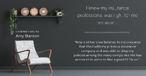 Testimonial for insurance professional Amy Stanton with Stanton Insurance in , : Right IP: "Amy and her crew listened to my concerns that I had with my previous insurance company and was able to shop my
policies among the many companies she has access to in order to find a good fit for us."