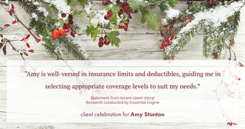 Testimonial for insurance professional Amy Stanton with Stanton Insurance in , : "Amy is well-versed in insurance limits and deductibles, guiding me in selecting appropriate coverage levels to suit my needs."