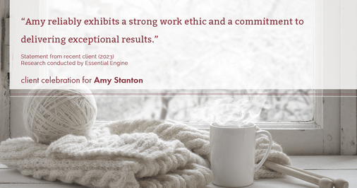 Testimonial for insurance professional Amy Stanton with Stanton Insurance in , : "Amy reliably exhibits a strong work ethic and a commitment to delivering exceptional results."