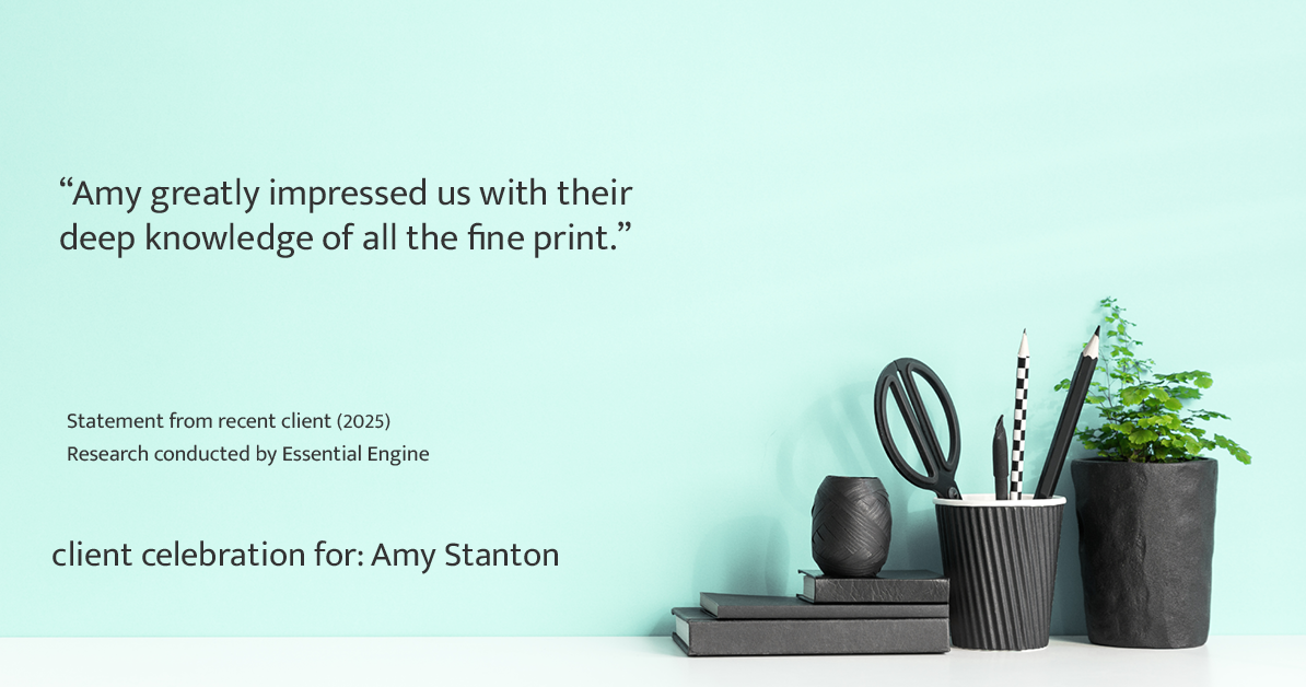 Testimonial for insurance professional Amy Stanton with Stanton Insurance in , : "Amy greatly impressed us with their deep knowledge of all the fine print."