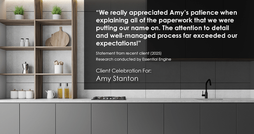 Testimonial for insurance professional Amy Stanton with Stanton Insurance in , : "We really appreciated Amy's patience when explaining all of the paperwork that we were putting our name on. The attention to detail and well-managed process far exceeded our expectations!"