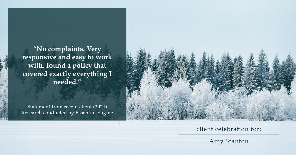 Testimonial for insurance professional Amy Stanton with Stanton Insurance in , : "No complaints. Very responsive and easy to work with, found a policy that covered exactly everything I needed."