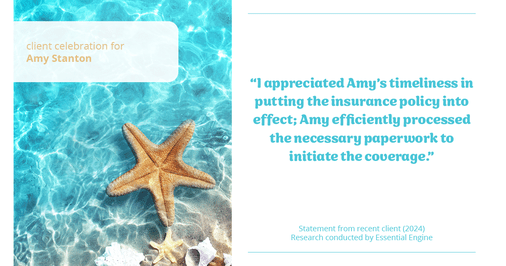 Testimonial for insurance professional Amy Stanton with Stanton Insurance in , : "I appreciated Amy's timeliness in putting the insurance policy into effect; Amy efficiently processed the necessary paperwork to initiate the coverage."