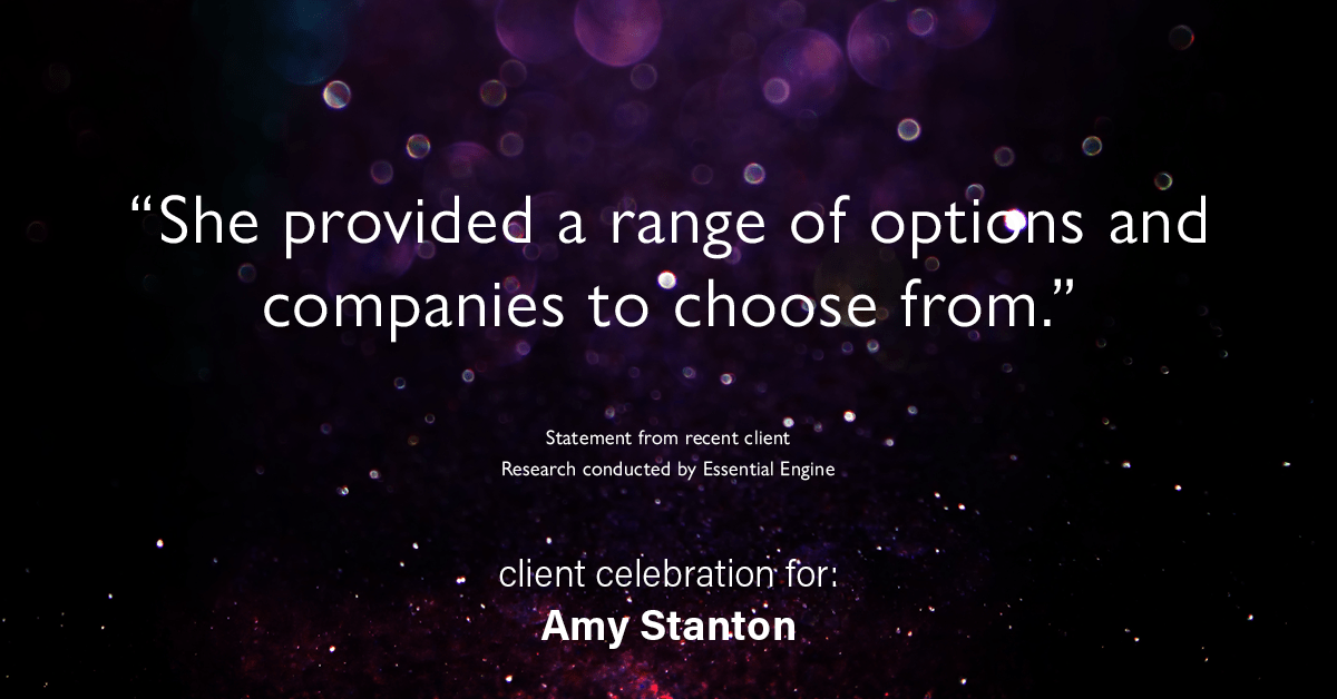 Testimonial for insurance professional Amy Stanton with Stanton Insurance in Littleton, CO: "She provided a range of options and companies to choose from."