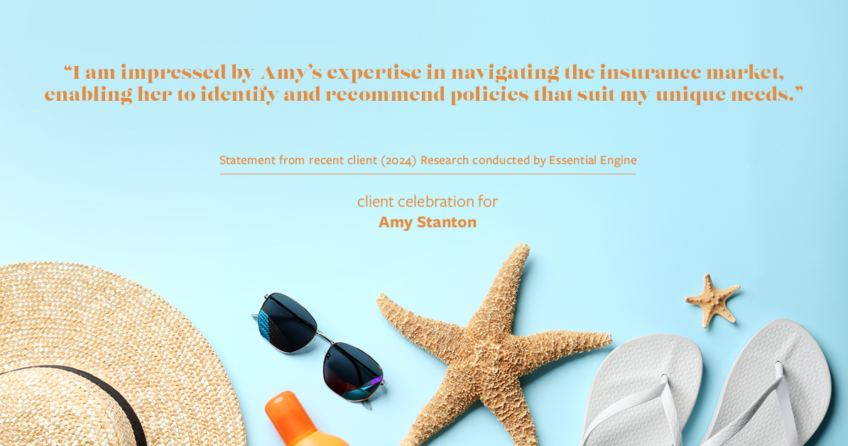 Testimonial for insurance professional Amy Stanton with Stanton Insurance in , : "I am impressed by Amy's expertise in navigating the insurance market, enabling her to identify and recommend policies that suit my unique needs."