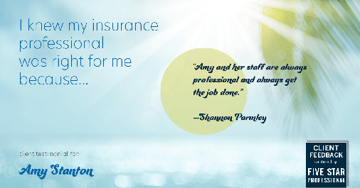 Testimonial for insurance professional Amy Stanton with Stanton Insurance in Littleton, CO: Right IP: "Amy and her staff are always professional and always get the job done." - Shannon Parmley