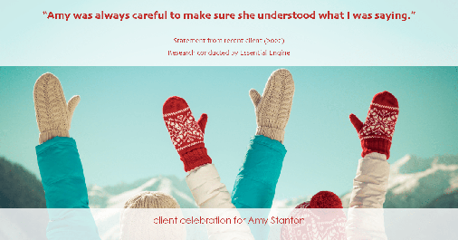 Testimonial for insurance professional Amy Stanton with Stanton Insurance in Littleton, CO: "Amy was always careful to make sure she understood what I was saying."