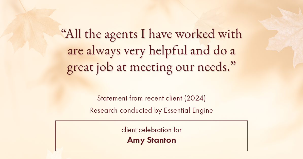 Testimonial for insurance professional Amy Stanton with Stanton Insurance in , : "All the agents I have worked with are always very helpful and do a great job at meeting our needs."