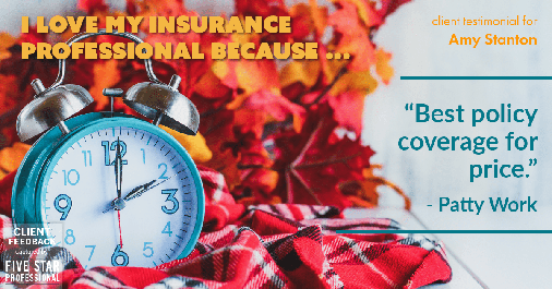 Testimonial for insurance professional Amy Stanton with Stanton Insurance in , : Love my Insurance Professional: "Best policy coverage for price." - Patty Work