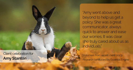 Testimonial for insurance professional Amy Stanton with Stanton Insurance in , : "Amy went above and beyond to help us get a policy. She was a great communicator, always quick to answer and ease our worries. It was clear she truly cared about us as individuals."