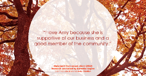 Testimonial for insurance professional Amy Stanton with Stanton Insurance in Littleton, CO: "I love Amy because she is supportive of our business and a good member of the community."