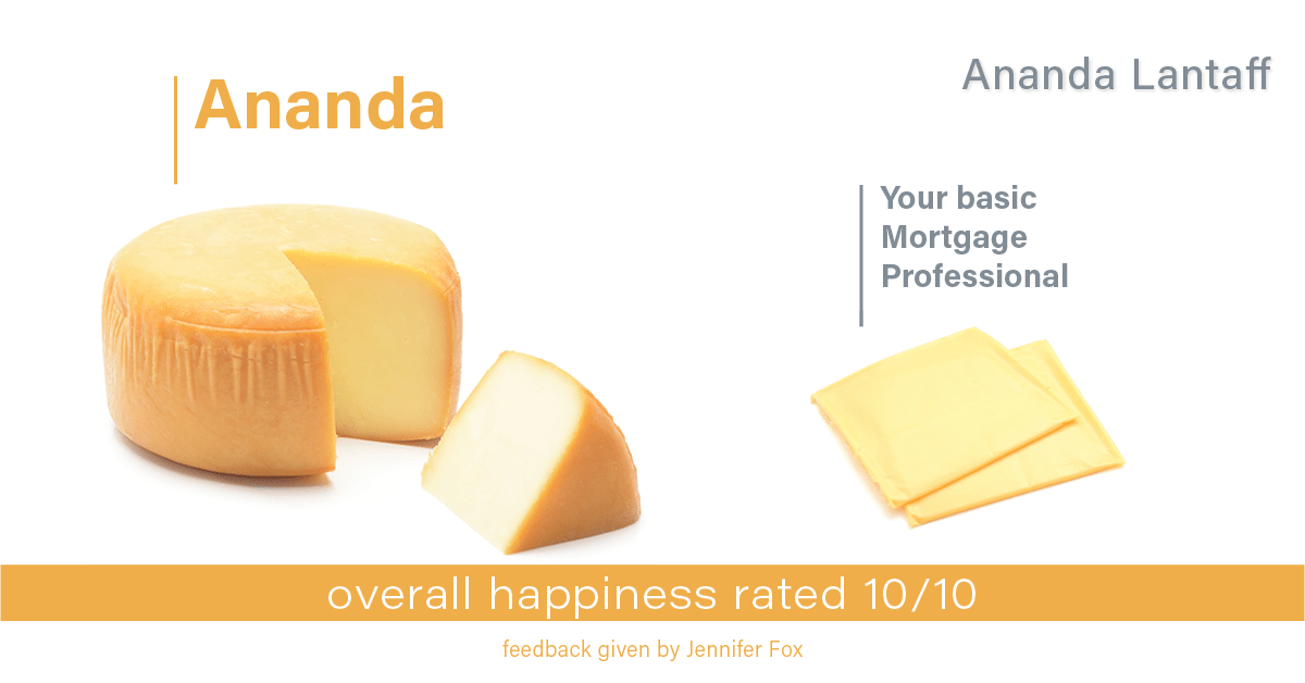 Testimonial for mortgage professional Ananda Lantaff in Boulder, CO: Happiness Meters: Cheese 10/10 (overall happiness- Jennifer Fox)