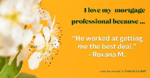 Testimonial for mortgage professional Ananda Lantaff in Boulder, CO: Love My MP: "He worked at getting me the best deal." - Roxana M.