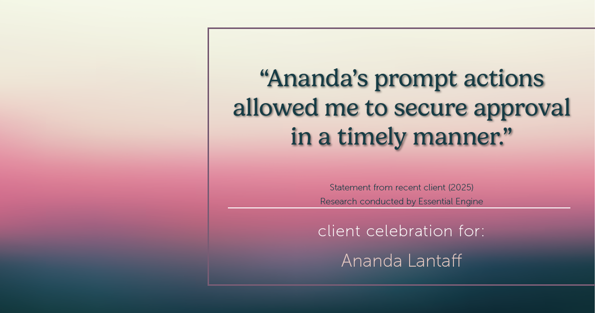 Testimonial for mortgage professional Ananda Lantaff with Mutual Security Mortgage in Boulder, CO: "Ananda's prompt actions allowed me to secure approval in a timely manner."