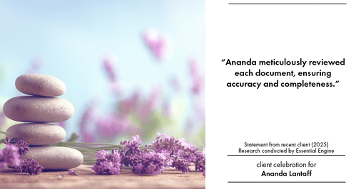 Testimonial for mortgage professional Ananda Lantaff with Mutual Security Mortgage in Boulder, CO: "Ananda meticulously reviewed each document, ensuring accuracy and completeness."