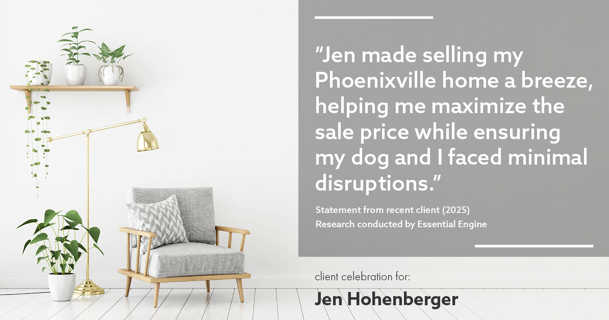 Testimonial for real estate agent Jen Hohenberger with Coldwell Banker Realty in Exton, PA: "Jen made selling my Phoenixville home a breeze, helping me maximize the sale price while ensuring my dog and I faced minimal disruptions."