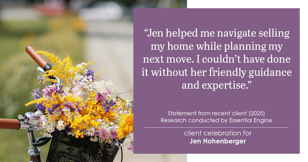 Testimonial for real estate agent Jen Hohenberger with Coldwell Banker Realty in Exton, PA: Jen helped me navigate selling my home while planning my next move. I couldn't have done it without her friendly guidance and expertise.