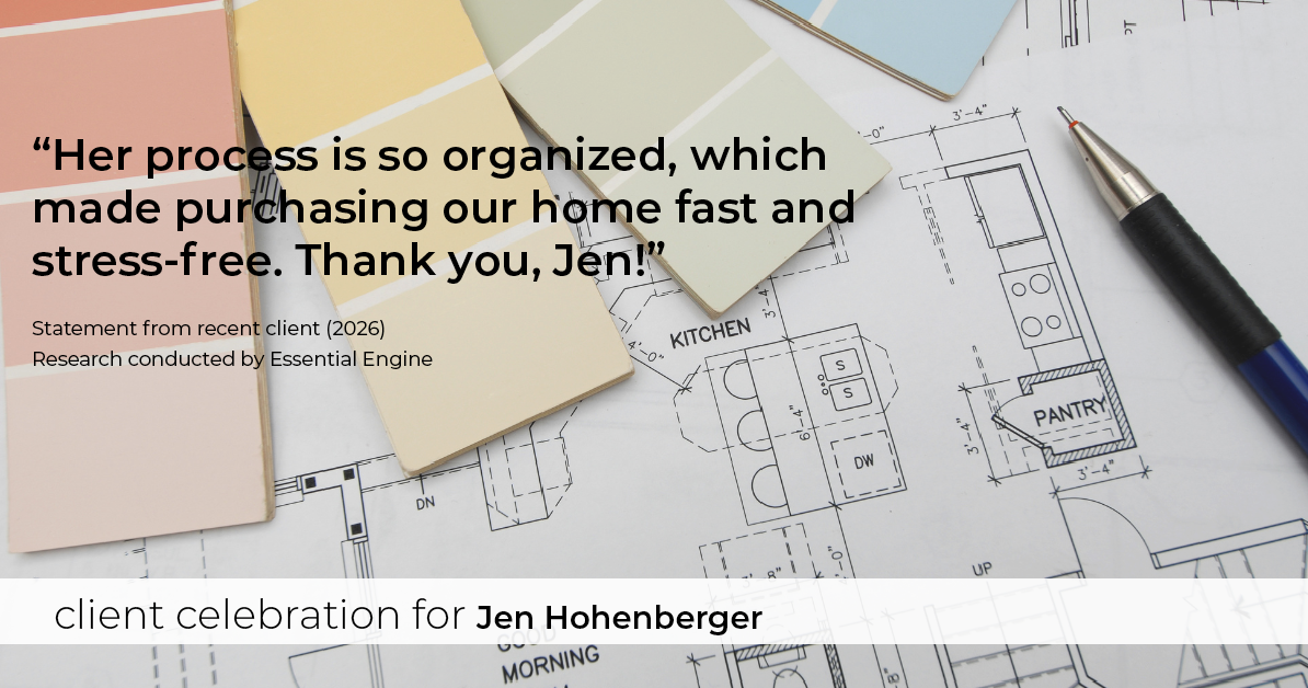 Testimonial for real estate agent Jen Hohenberger with Coldwell Banker Realty in Exton, PA: "Her process is so organized, which made purchasing our home fast and stress-free. Thank you, Jen!"