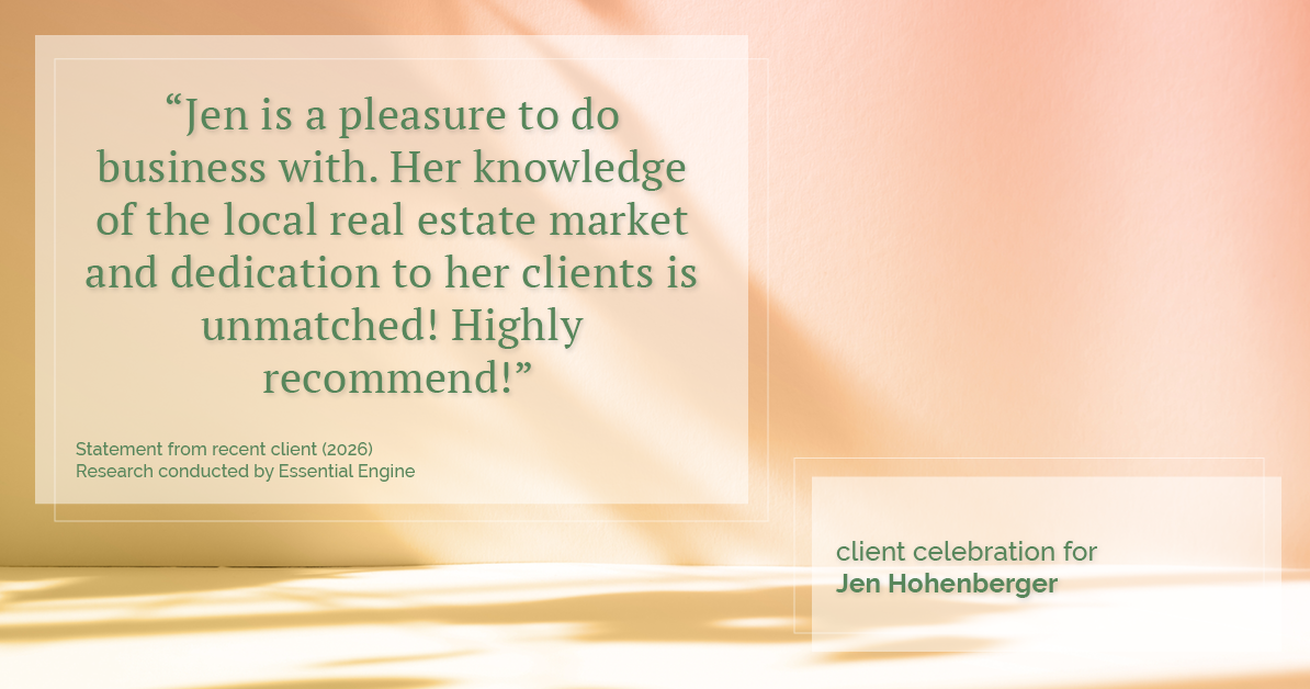 Testimonial for real estate agent Jen Hohenberger with Coldwell Banker Realty in Exton, PA: "Jen is a pleasure to do business with. Her knowledge of the local real estate market and dedication to her clients is unmatched! Highly recommend!"